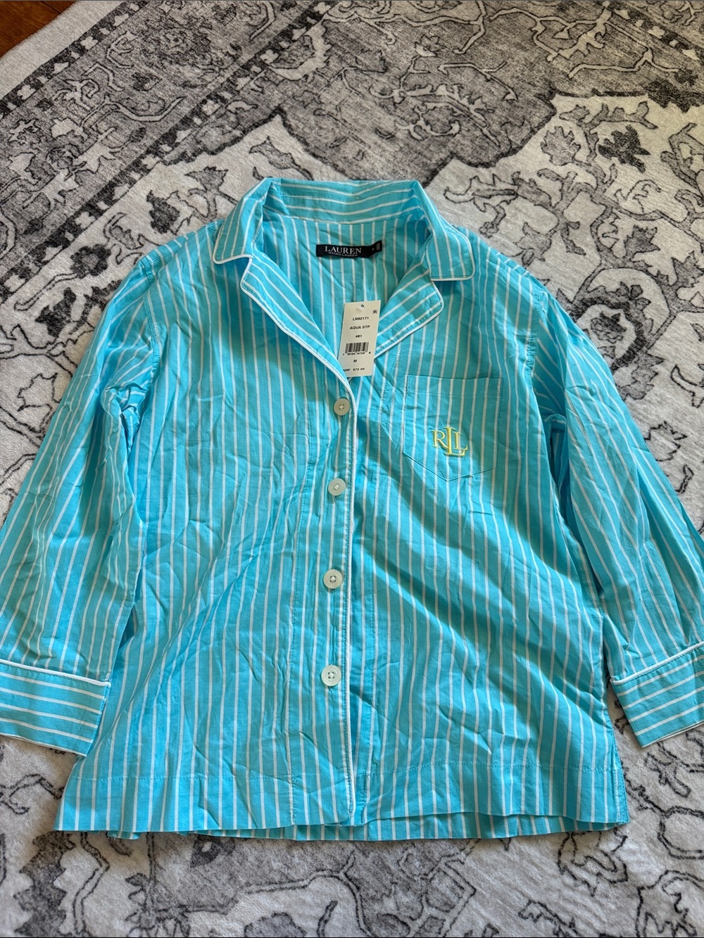 Ralph Lauren womans Aqua & White Striped Button-Down Shirt